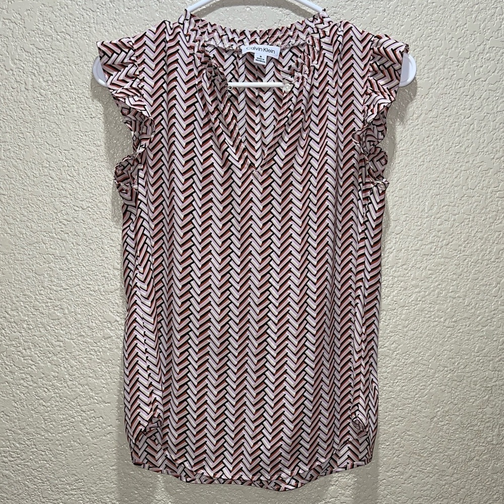 Elegant Chevron Ruffle Sleeve Blouse - Red and White